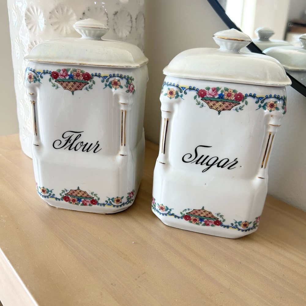 Vintage 1920s Victoria China Czechoslovakia Floral Flour & Sugar Canister Set